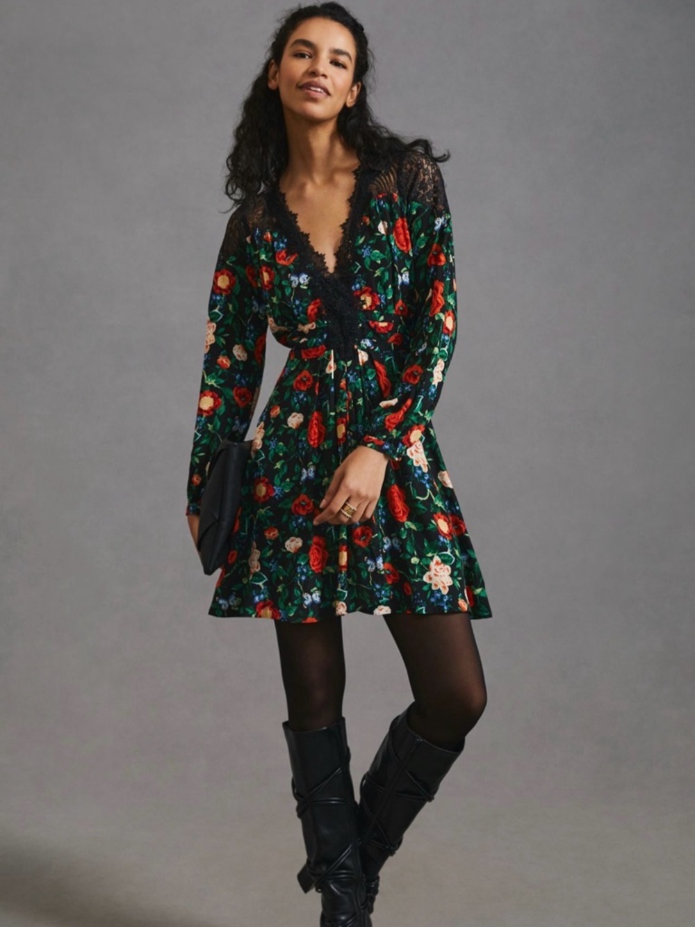 Anthropologie V Neck Mini Dress Black Floral Size 4